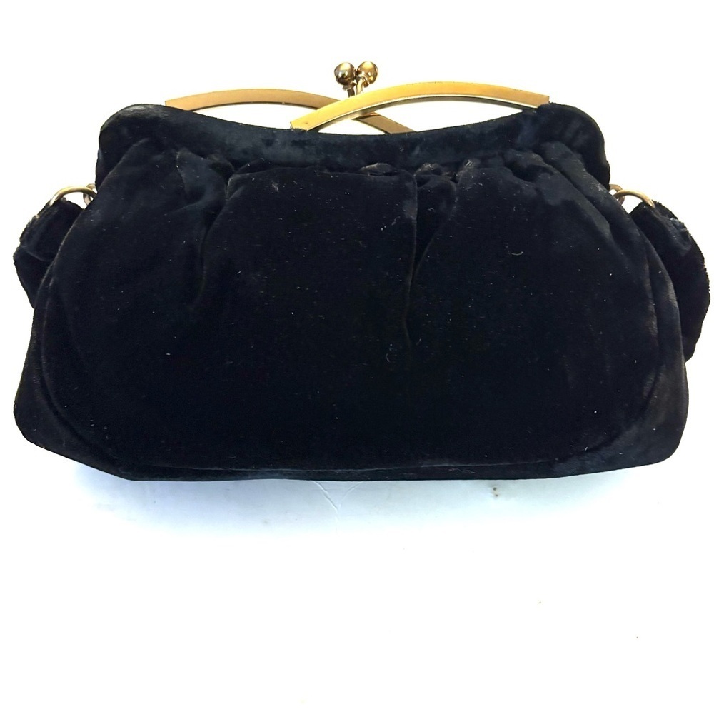 GARAY Vintage Evening Bag Black Velvet and Gold Kiss Luck Closure - Picture 2 of 6